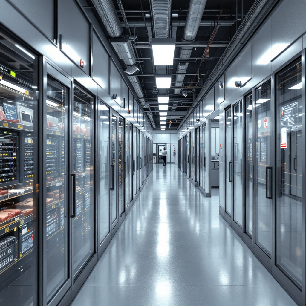Wide view of a meat processing plant corridor showing mounted cameras, edge servers on racks in a control room visible through glass, clear signage and safe walkways, no text