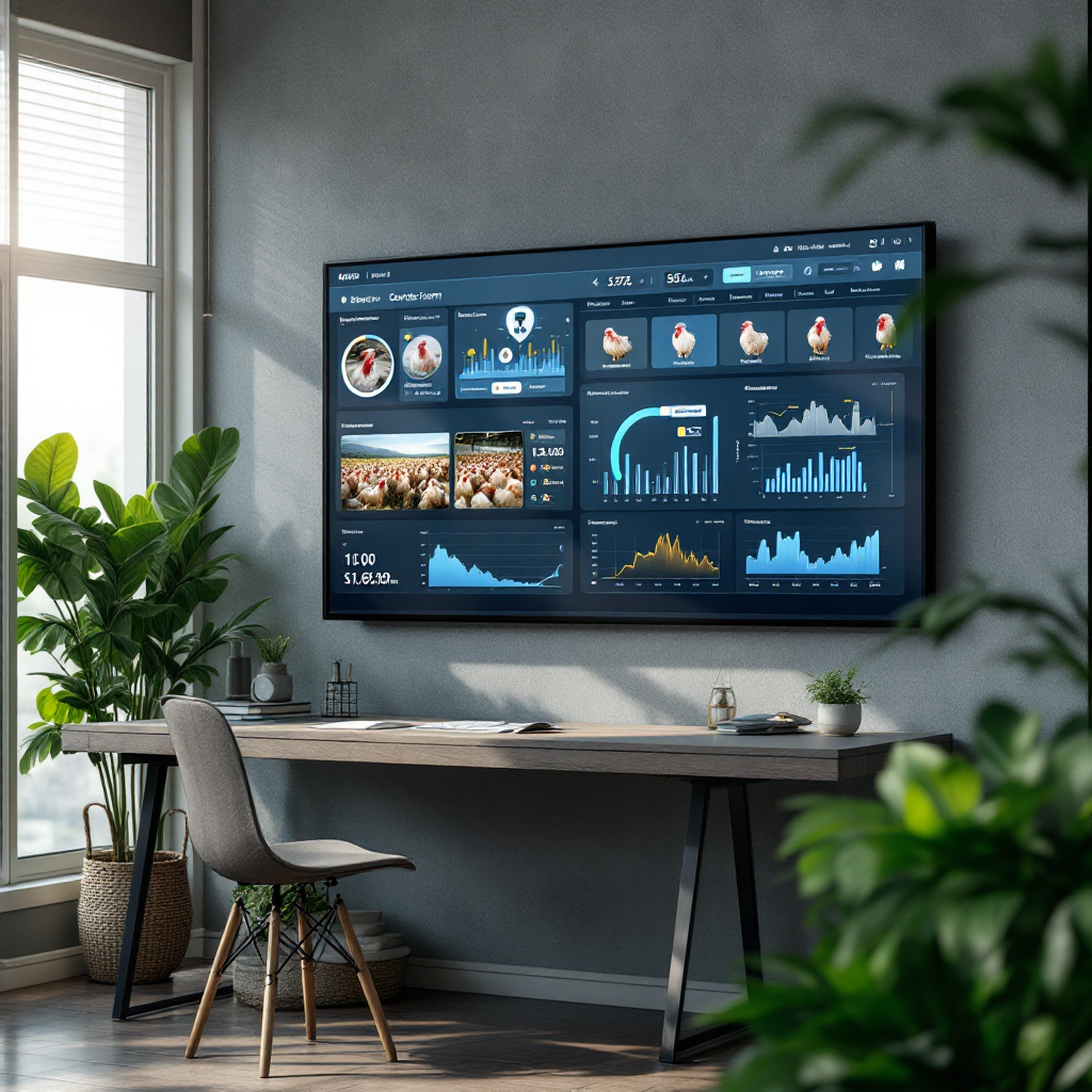 A clean modern operations dashboard screen on a wall showing event streams, camera thumbnails, and environmental charts in a poultry farm control room, no text