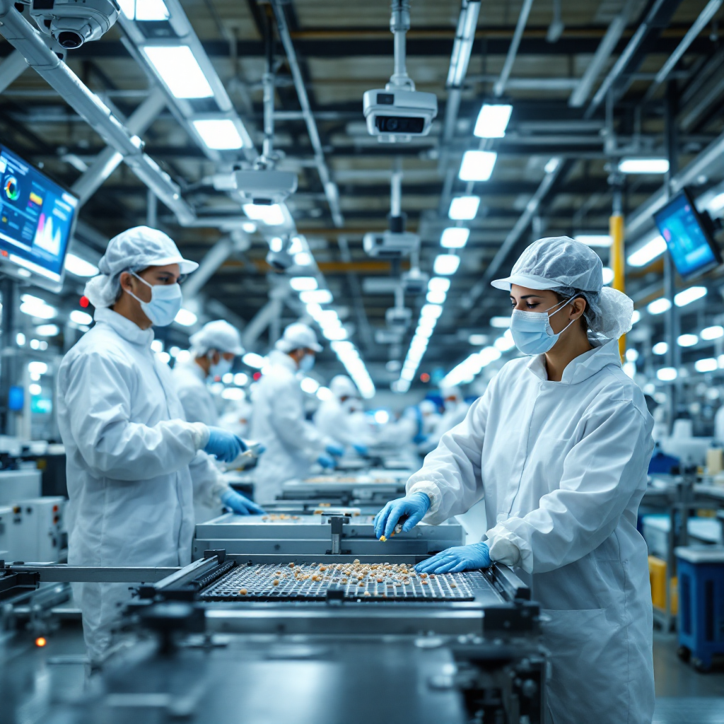 Hala produkcyjna z pracownikami i monitoringiem kamerowym