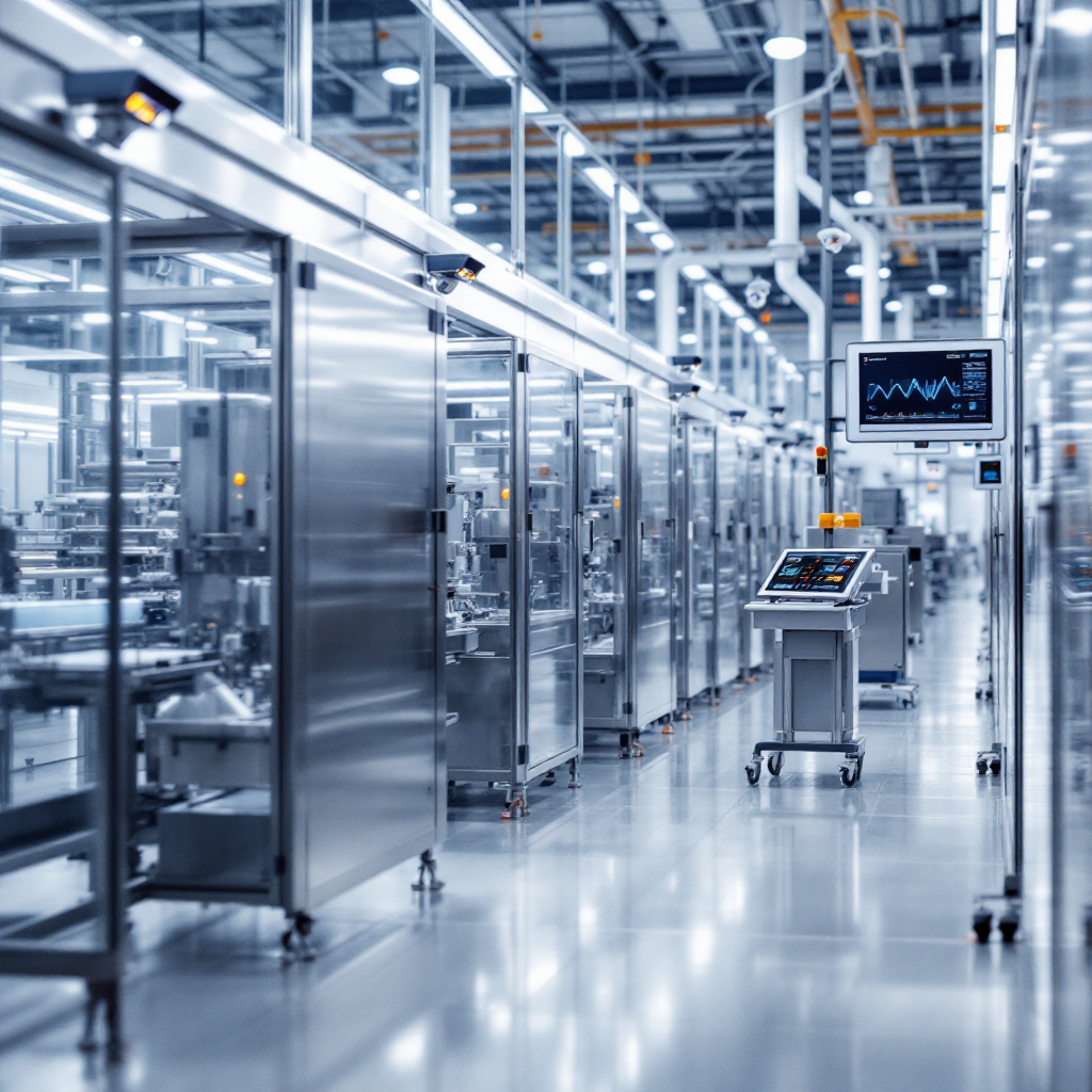 Planta de producción con cámaras y panel digital