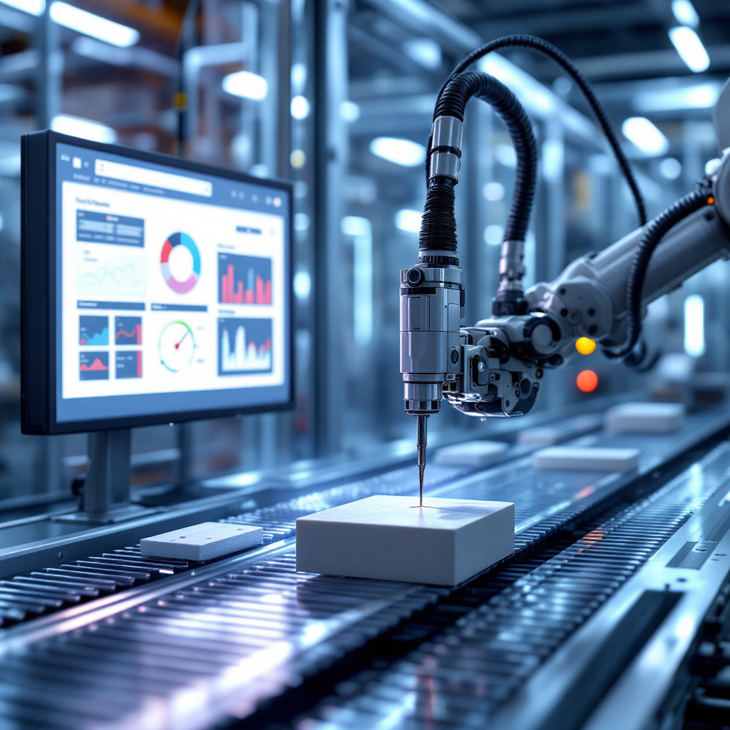 Roboterarm über einem Förderband mit Echtzeit-Erkennungsüberlagerungen auf einem Monitor