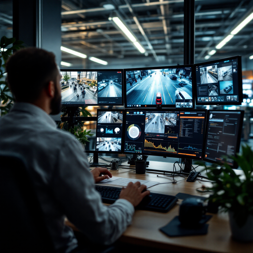 Sala de controlo de segurança com múltiplos monitores Sala de controlo de segurança com múltiplos monitores