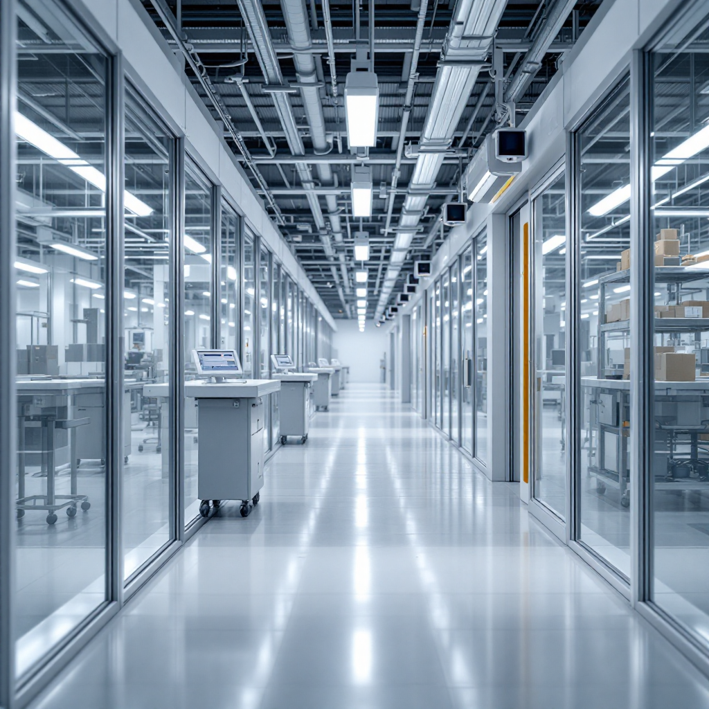 Sensors mounted in an industrial processing corridor Sensors mounted in an industrial processing corridor