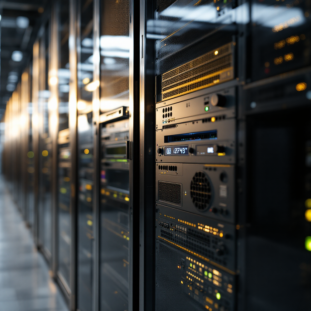 Server rack and edge compute devices with soft lighting, showing hardware for video recording and analytics, no logos or text