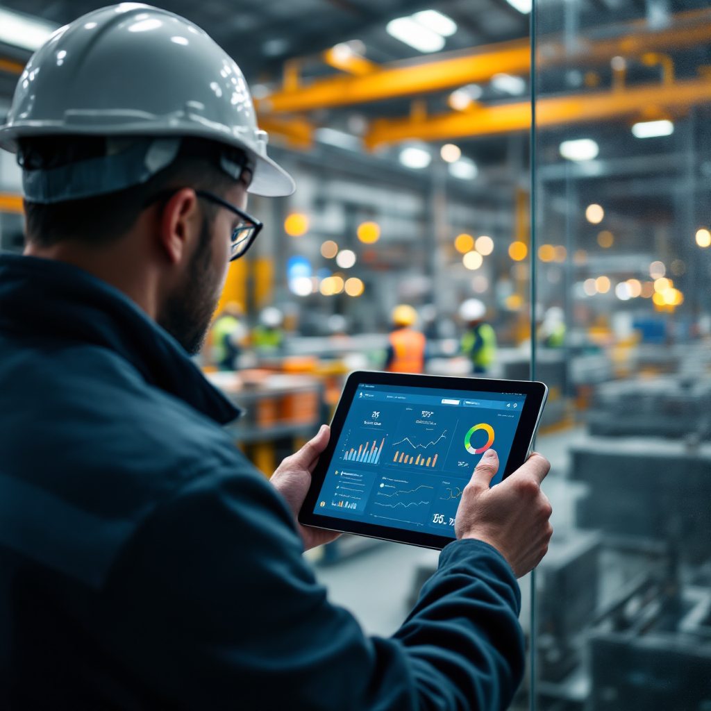 Vorgesetzter, der ein Sicherheits-Dashboard auf einem Tablet in einer Produktionsanlage überprüft, mit Kameras und Arbeitern im Hintergrund