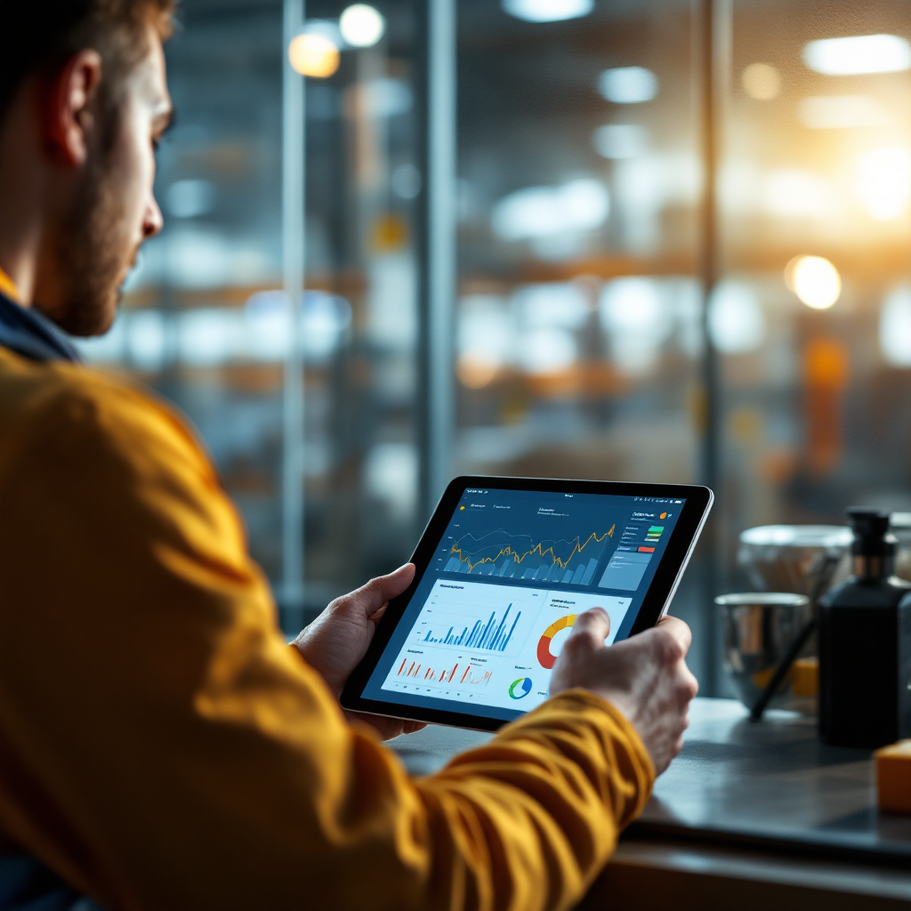 Close-up view of a production workstation with a supervisor looking at a tablet showing a color-coded heatmap overlay and charts, warm natural lighting, no text