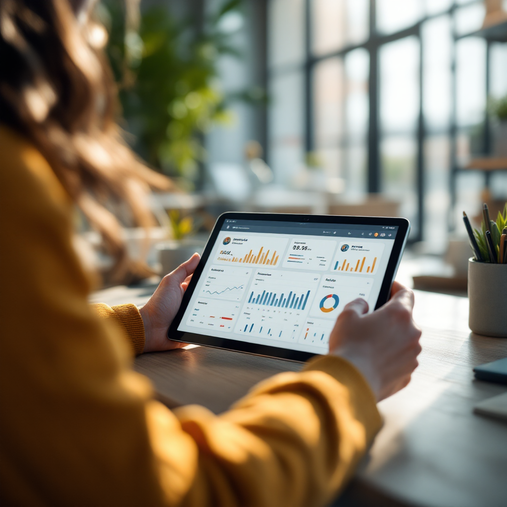 Tablet mostrando painel analítico e gatilhos de eventos
