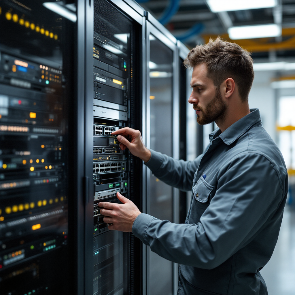 Technician configuring server rack Technician configuring a server rack and network switches in a clean mechanical room with neutral colours; no visible text or logos