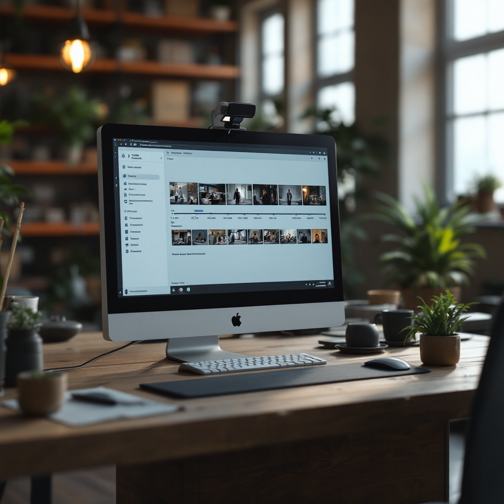 A detective-style workstation showing a timeline of short video clips and a generated text report alongside, with clear UI elements and neutral colors
