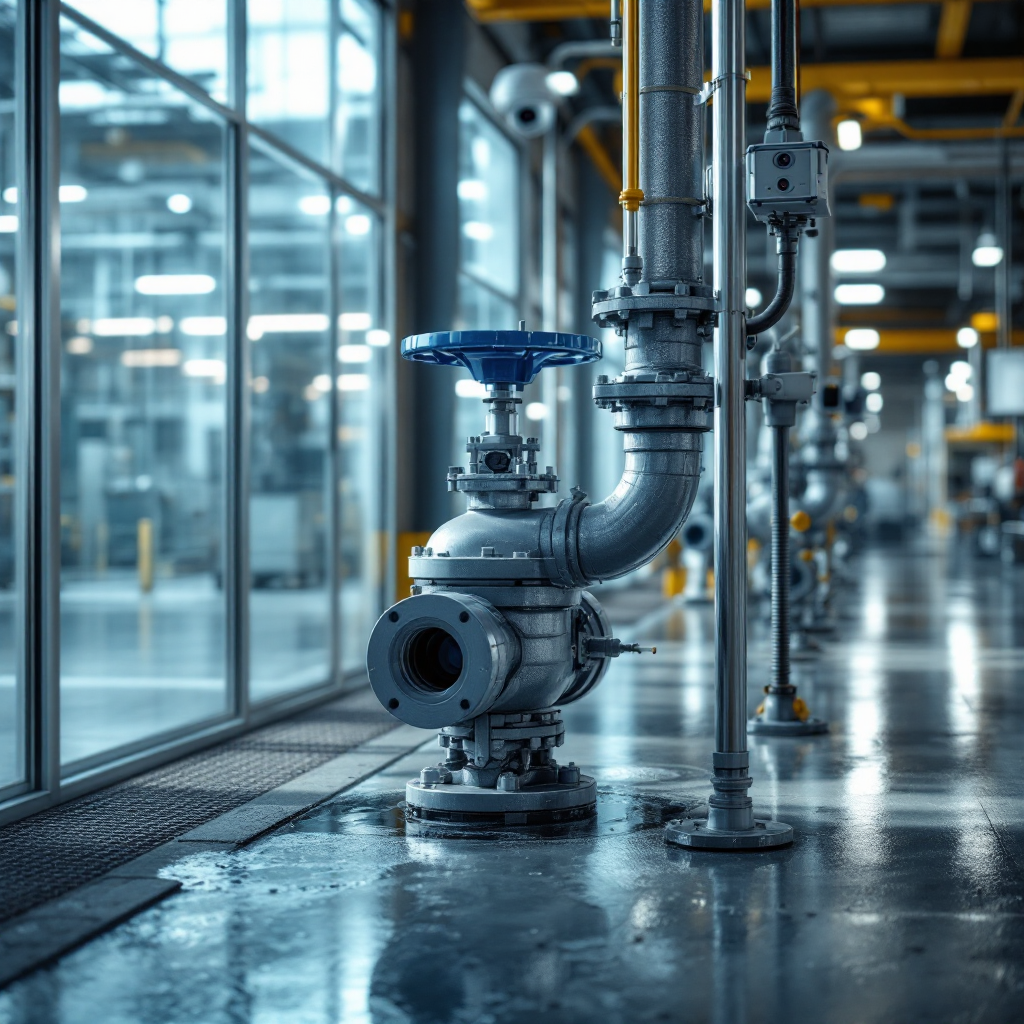Close-up of a valve and pipe section inside a manufacturing facility showing a small wet patch on the floor, with an edge compute box and a mounted CCTV camera visible in the background, bright technical setting