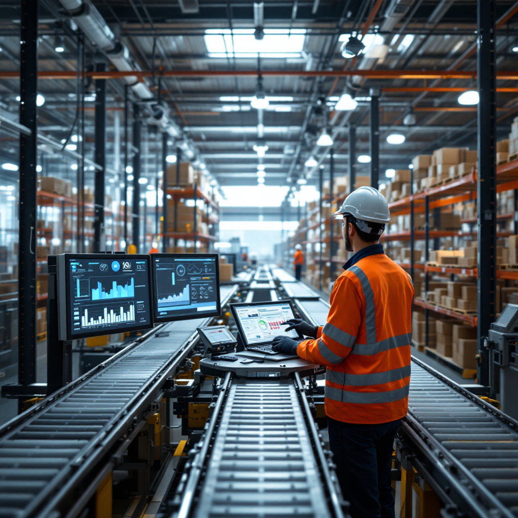 Zone de contrôle d'entrepôt avec caméras et tableaux de bord
