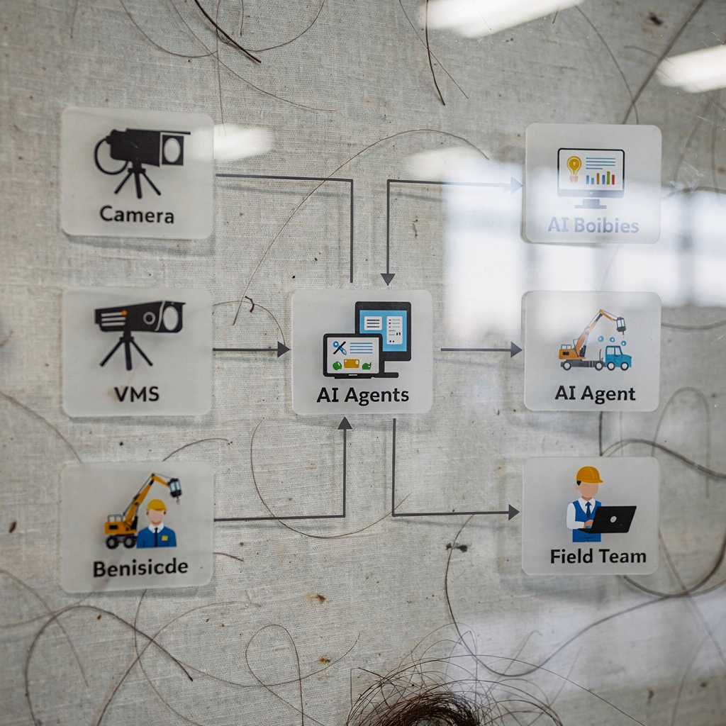 Diagram of an AI-assisted dispatch workflow connecting cameras, VMS, AI agents, and field teams with clear icons, neutral colors, no text