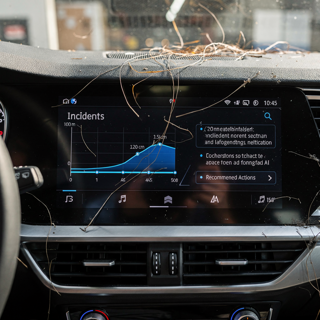 Close-up of a modern dashboard showing an incident timeline, AI-generated textual descriptions, and recommended actions, no text or numbers