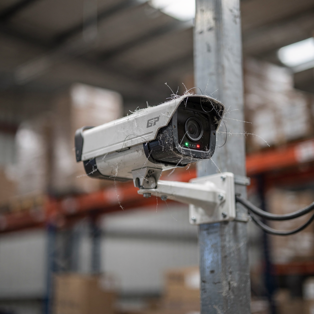 Nahaufnahme einer KI-fähigen Sicherheitskamera vor unscharfem Industriehintergrund Nahaufnahme einer KI-fähigen Sicherheitskamera vor unscharfem Industriehintergrund