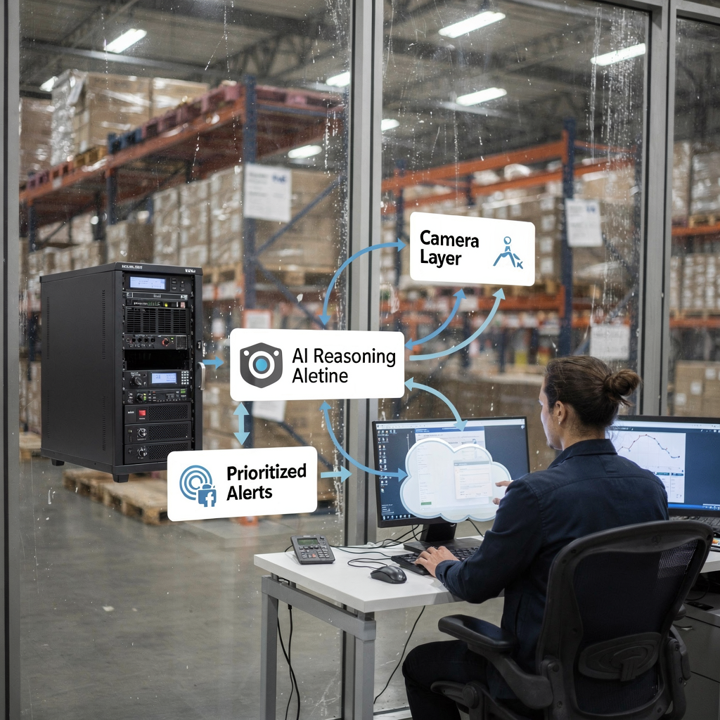 A schematic illustration of an AI pipeline: camera feeds entering an on-prem AI server, the AI reasoning layer producing prioritized alerts, and a control room operator receiving a concise action card, no text or numbers