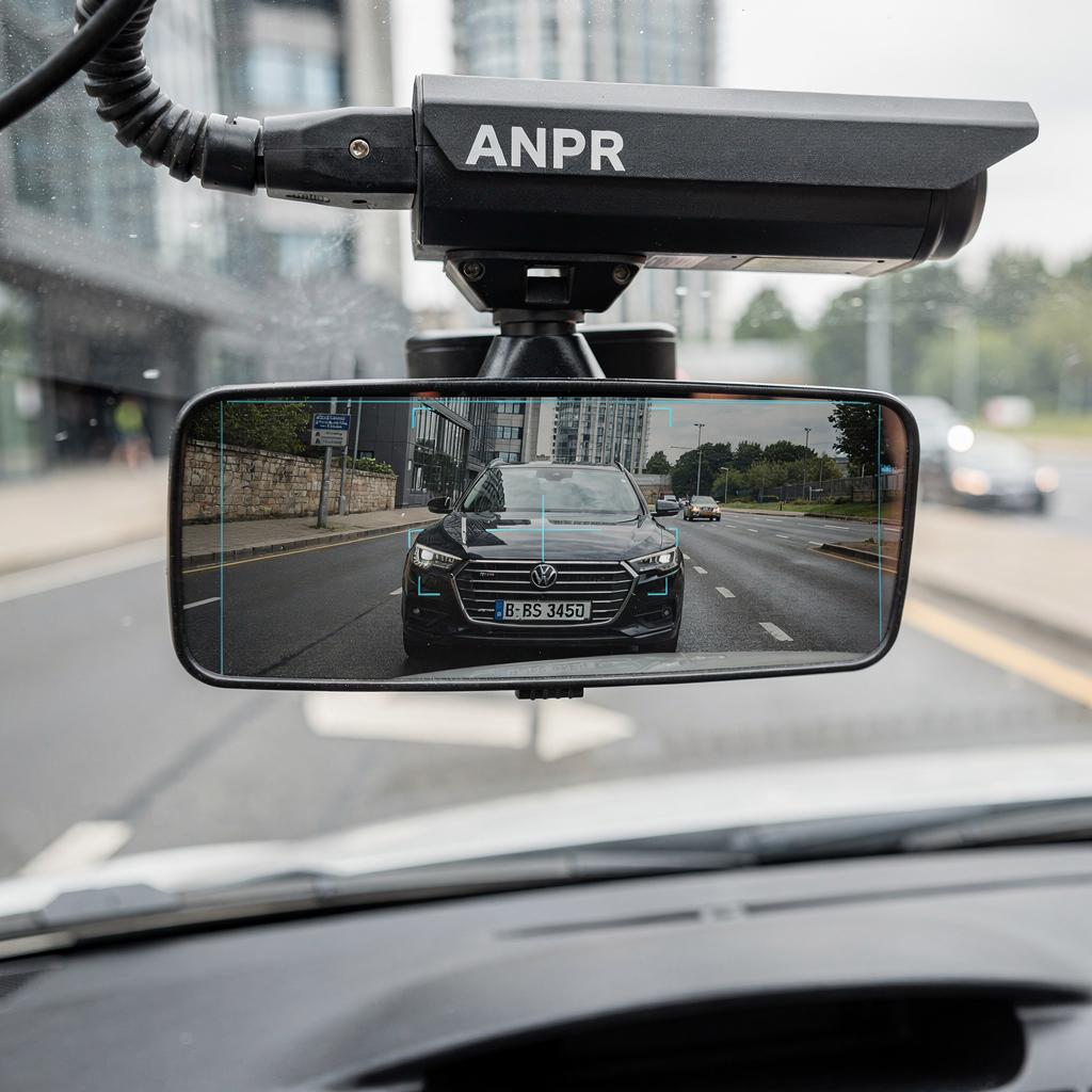 Close-up of an ANPR camera capturing a vehicle, license plate annotation overlay, clear urban roadway environment, no text or numbers