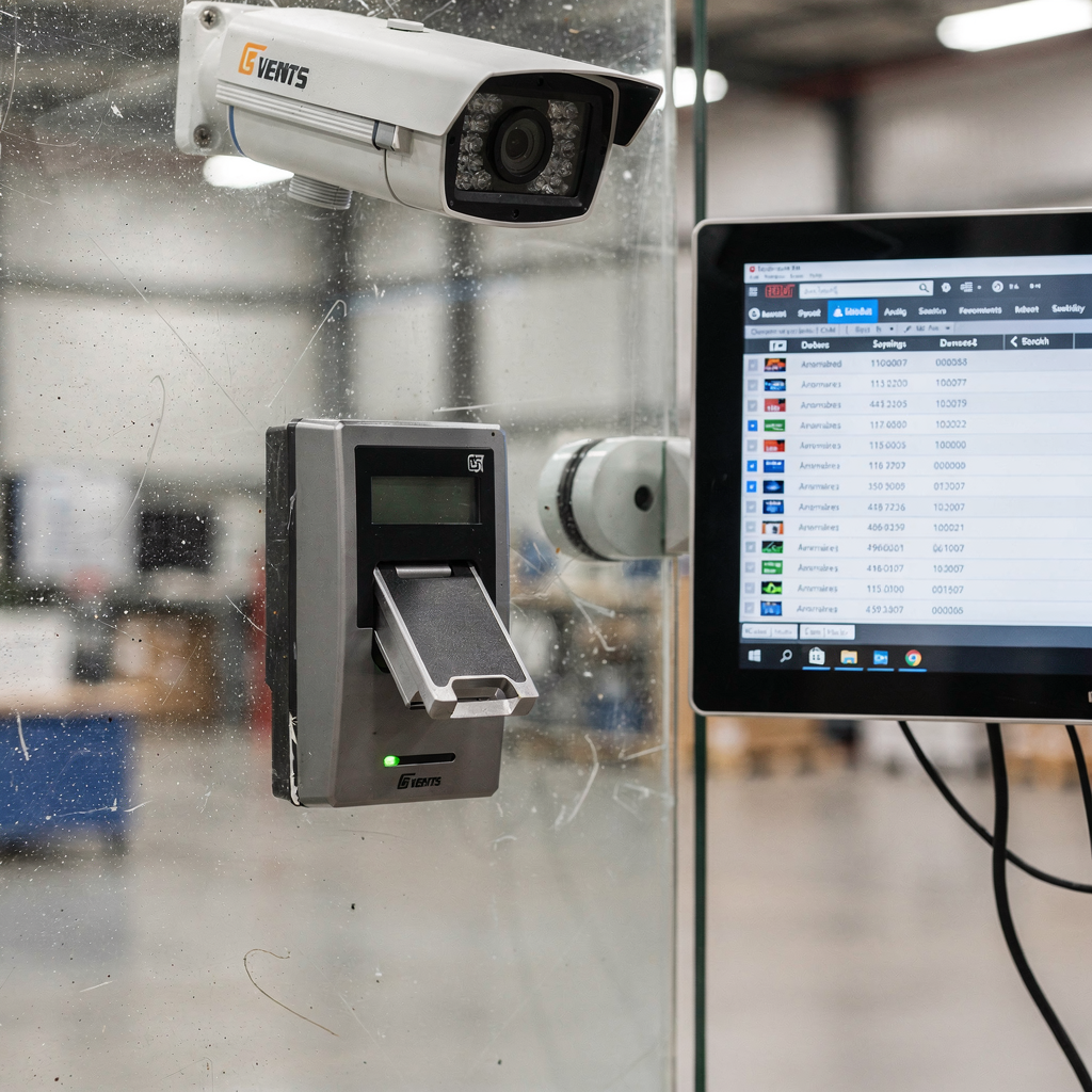 Access control panel with camera and event log Close-up view of an access control panel with a card reader, a nearby security camera, and a dashboard screen showing an event log; clean, modern aesthetic, no text