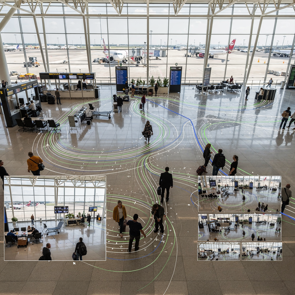 Hall d'aéroport avec superpositions de déplacements suivis Hall d'aéroport avec superpositions de déplacements suivis
