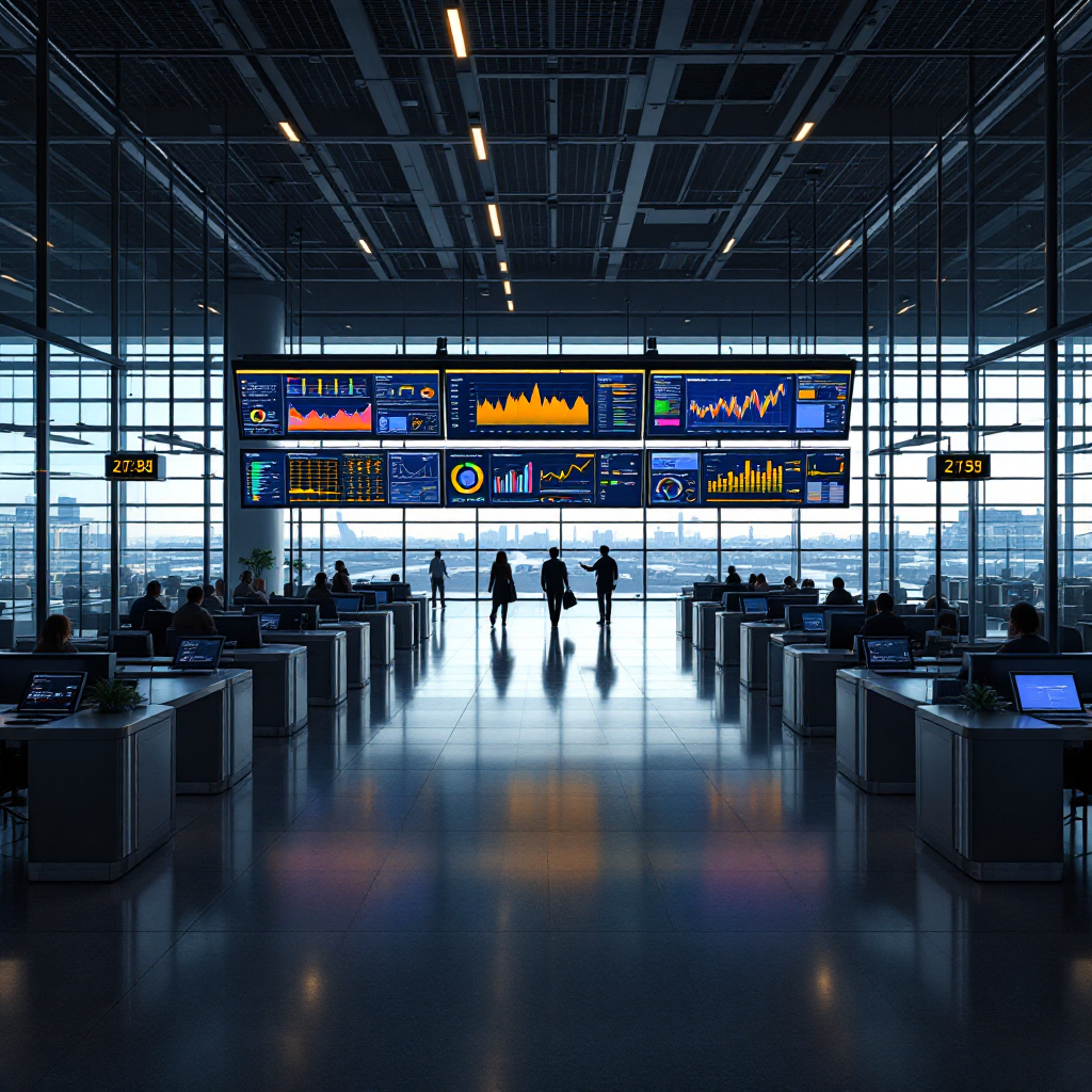 Hub de sécurité aéroportuaire stylisé avec superpositions analytiques et cartes de chaleur