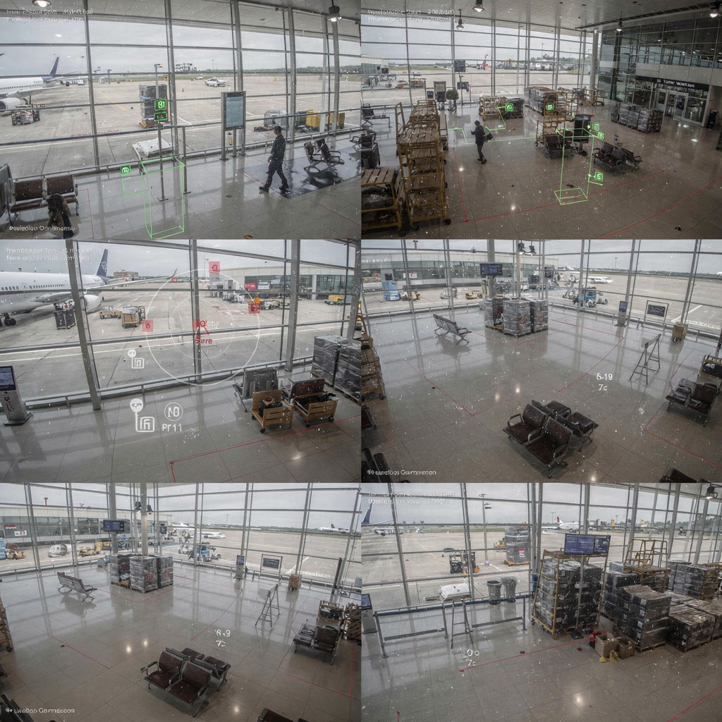 Panoramica di videosorveglianza in aeroporto con zone evidenziate e marcatori di rilevamento sovrapposti