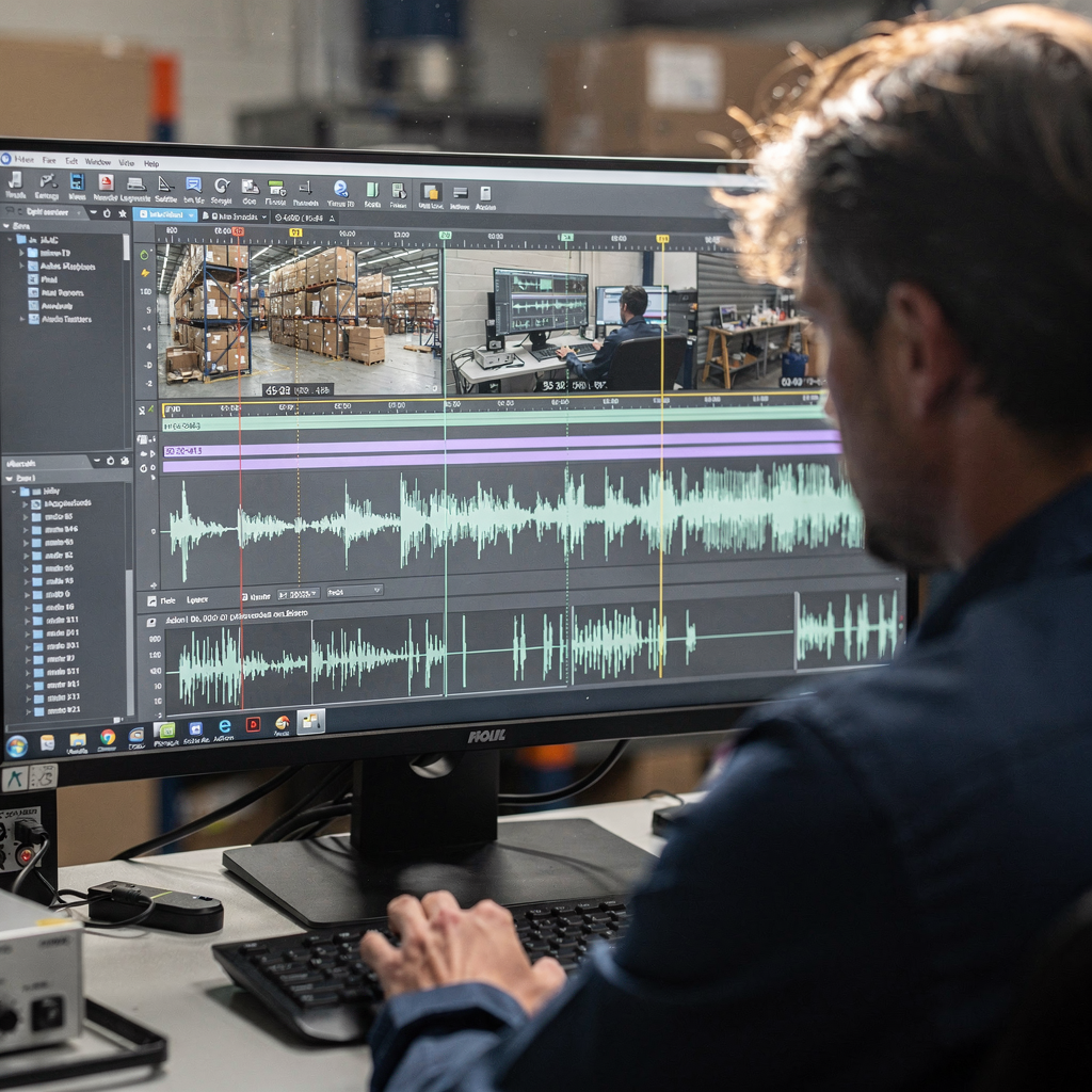 Analista revisando vídeo e áudio sincronizados