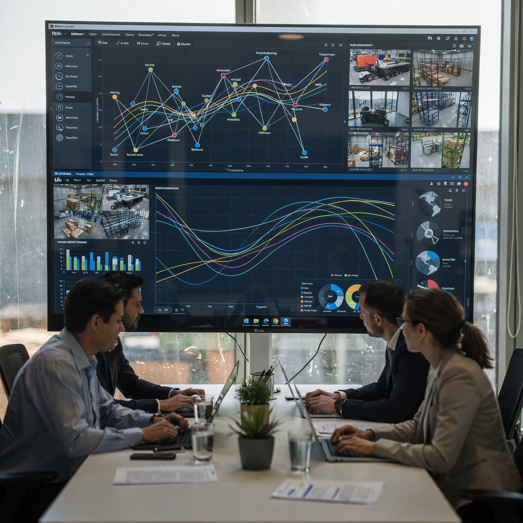 A dashboard showing network graphs and non-textual visualizations of movement patterns and camera thumbnails, analysts collaborating around a table, no text or numbers