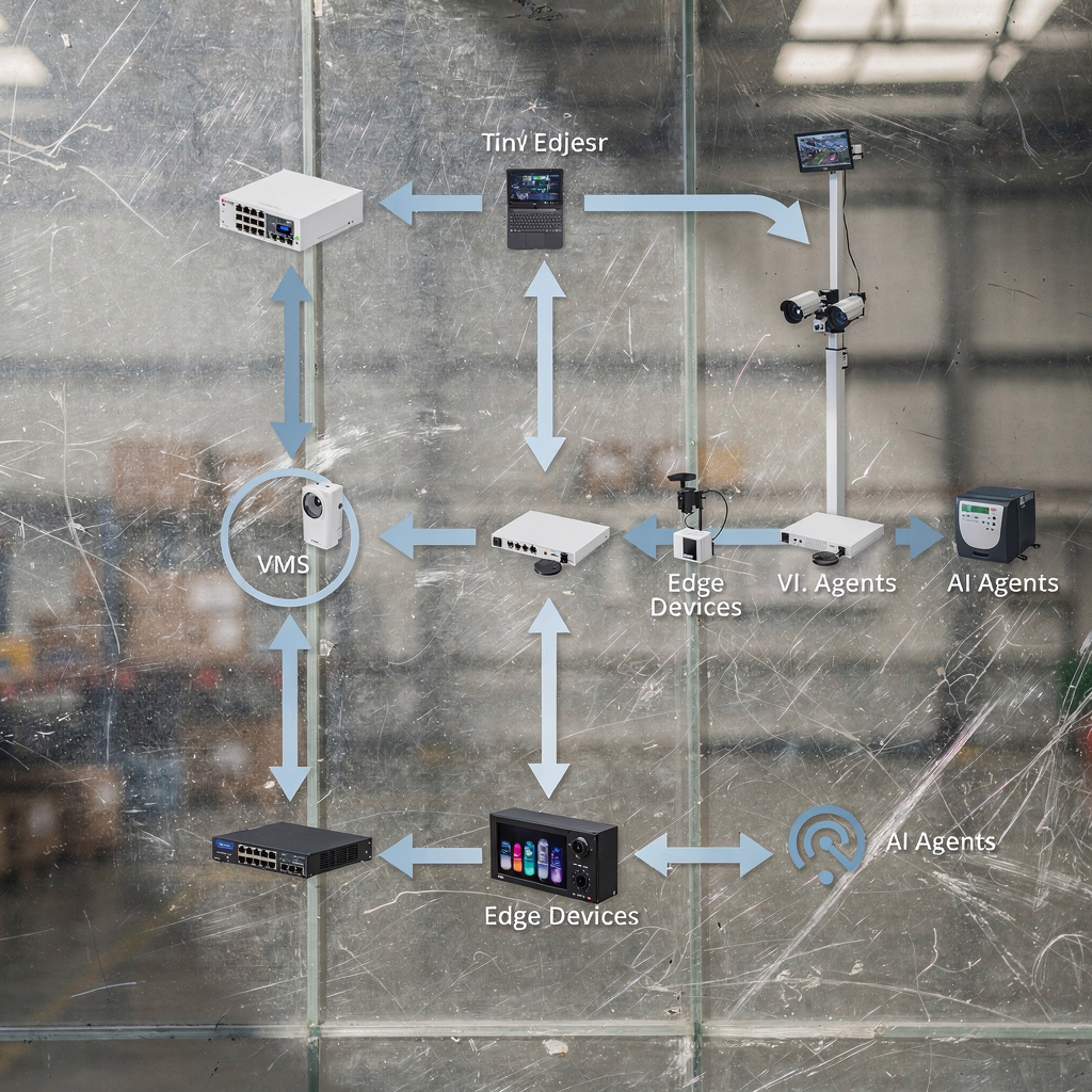 Analytics architecture diagram An overview diagram of an analytics platform integrating VMS, edge devices, and AI agents, with arrows showing data flow; no text or numbers