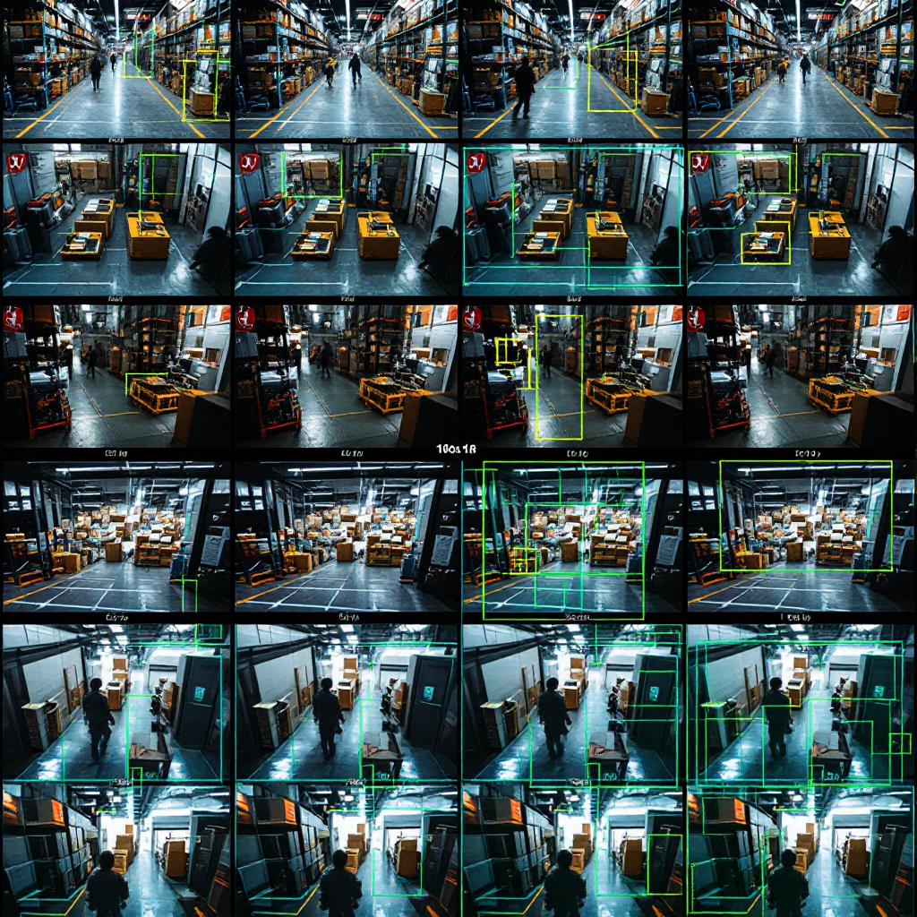 A grid of annotated CCTV frames showing bounding boxes, segmentation masks and paired textual annotations, arranged for dataset review, clear and technical style, no text in image