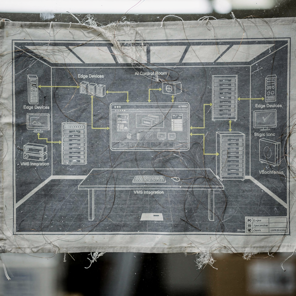 An architectural blueprint diagram of an AI control room showing edge devices, servers, VMS integration, and a central dashboard with clear connections, no text