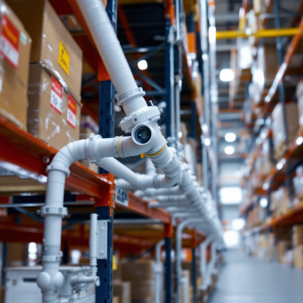 Aspirating smoke detection pipe network under warehouse racking Close-up view of an aspirating smoke detection pipe network mounted under racking in a warehouse, showing sampling holes and neat routing. The scene includes cable trays and a high ceiling in the background.