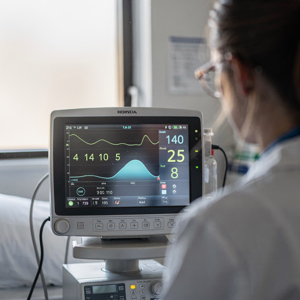 Monitor przyłóżkowy z personelem w tle