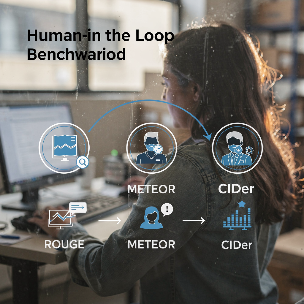 A conceptual diagram showing benchmark scores and human-in-the-loop evaluation, with icons for ROUGE, METEOR, and CIDEr, and human reviewers providing feedback, in a clean infographic style (no text or numbers on image)