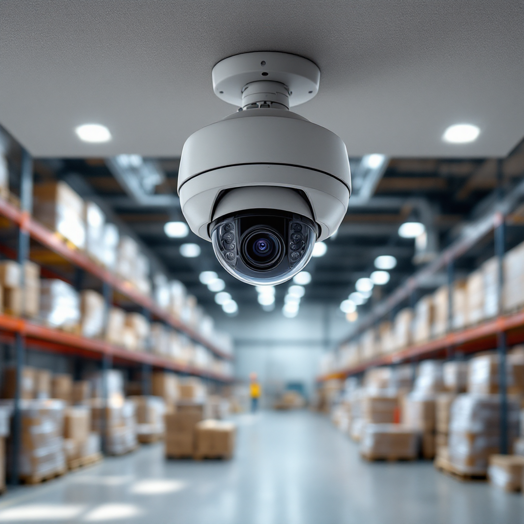 Plafondcamera die over magazijngangen uitkijkt