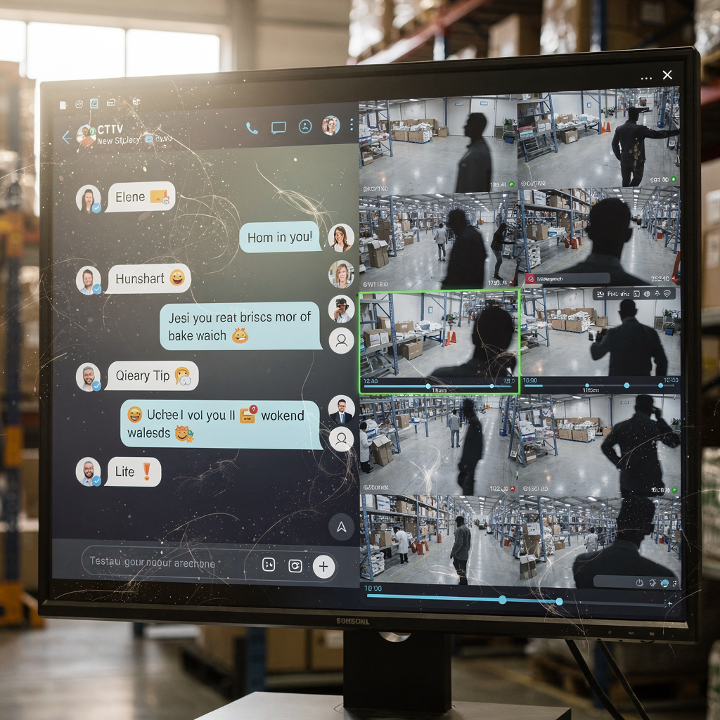 Chat interface linked to synchronized CCTV clips A split-screen interface showing a chat window on the left and synchronized CCTV clips on the right, with non-identifiable silhouettes and timelines, modern UI design