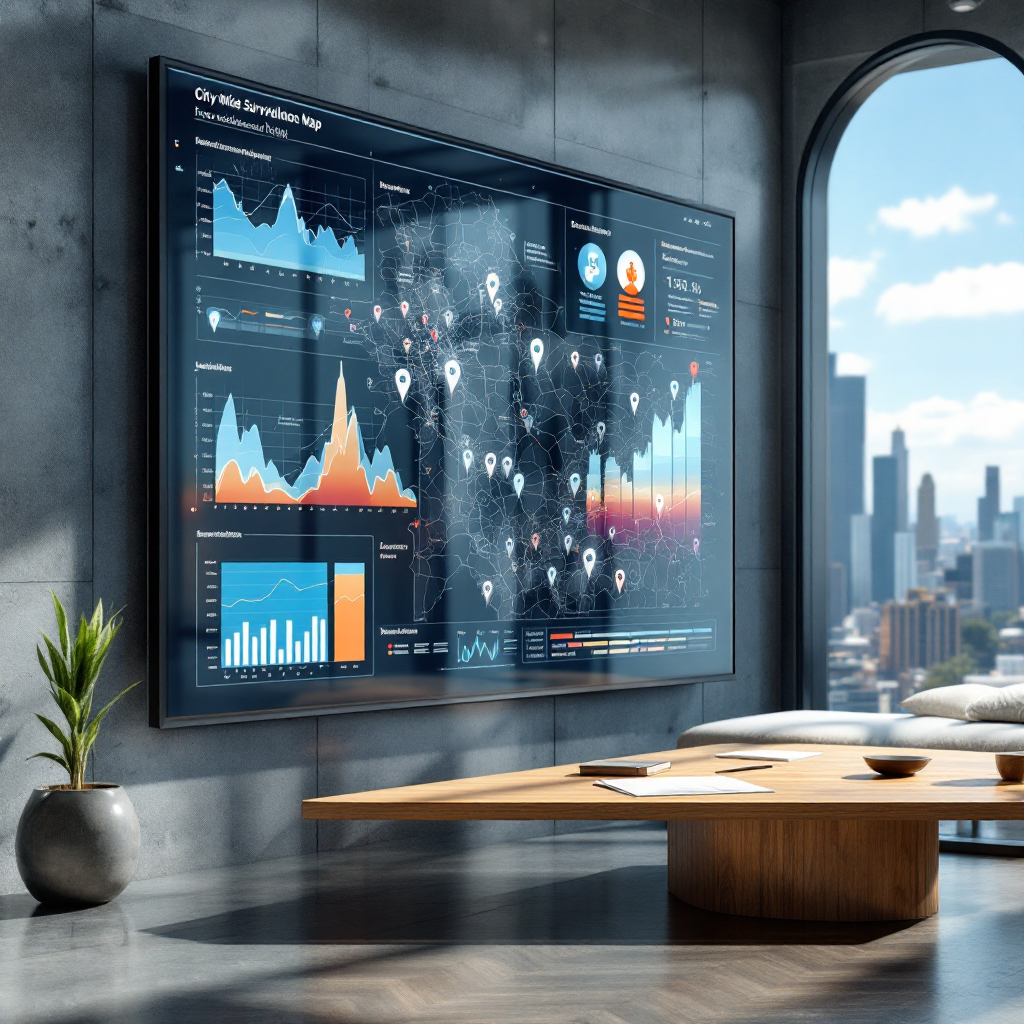 City surveillance analytics overview A city-wide surveillance overview map on a display wall showing non-sensitive location markers and analytics summaries, urban skyline in background, daytime