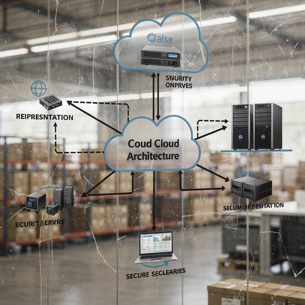 Representation of a scalable cloud architecture diagram for security, showing on-prem servers, cloud orchestration, edge devices, and secure connections without text