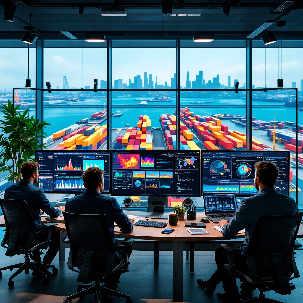 A terminal control room with large screens showing a colour-coded heatmap overlay of a port yard, with staff monitoring dashboards; modern office environment, no text