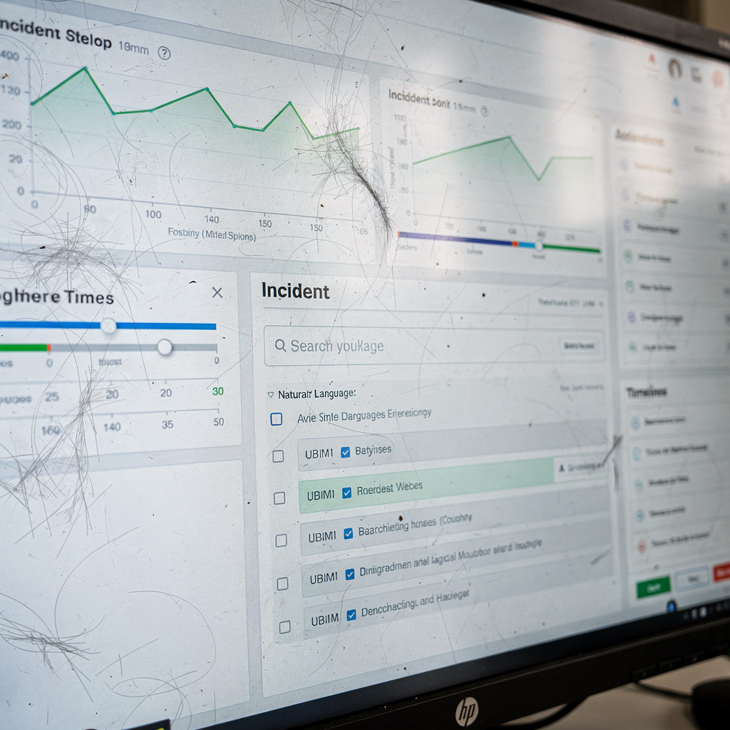Control room dashboard with AI analytics and timeline Close-up of a control room dashboard showing charts, incident timelines, and a natural language search box with results, clean UI, subtle colors, no text