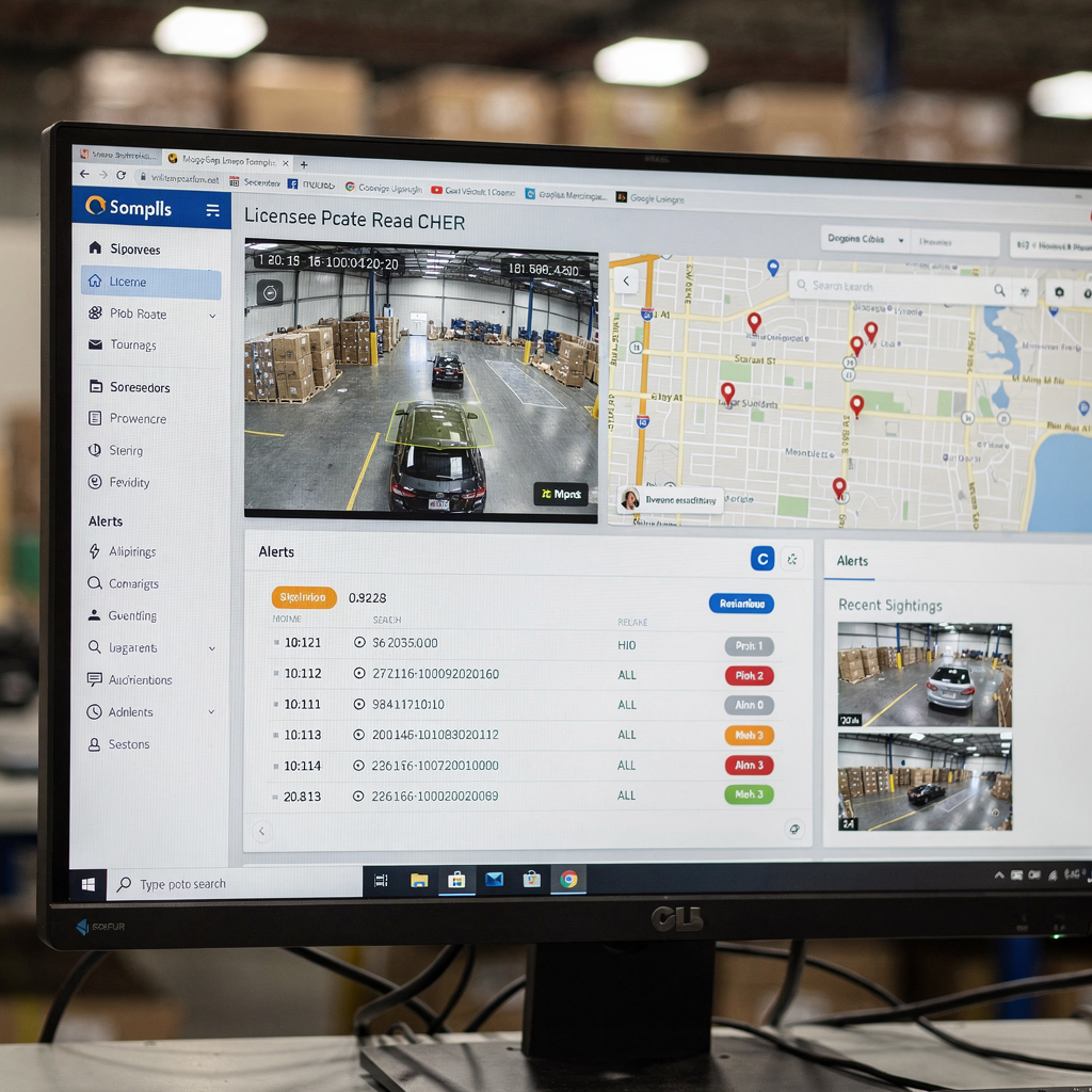 Control room dashboard showing a live feed, license plate read overlay, map with recent sightings, and alert list on a clean user interface, no text or numbers