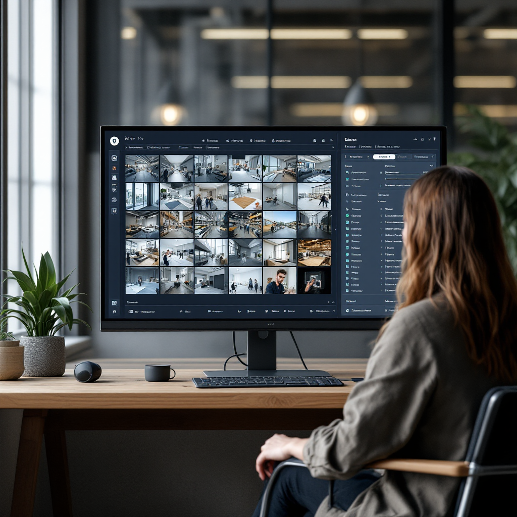 Control room dashboard showing a grid of live camera thumbnails and event list, clear GUI elements but no text, neutral color scheme