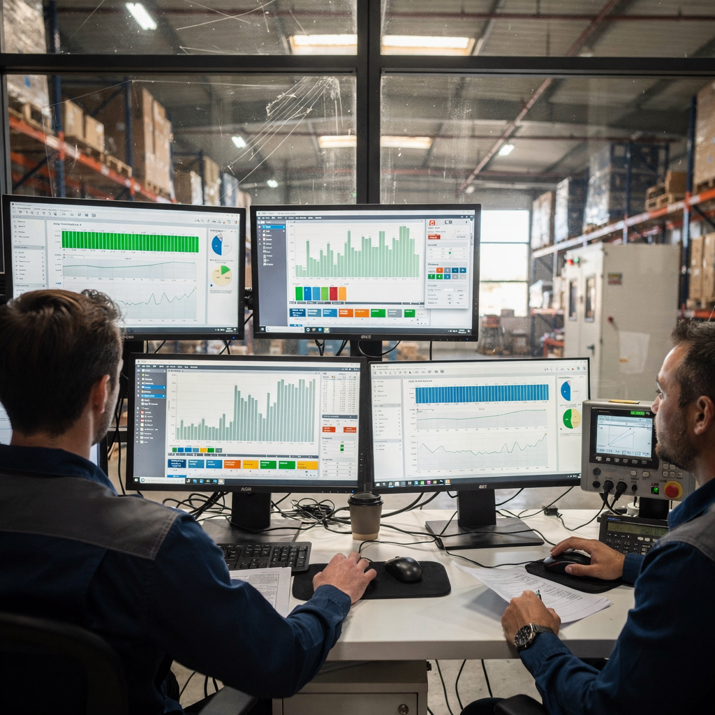 An industrial control room with screens showing dashboards and timeline graphs, operators interacting with interfaces, no text