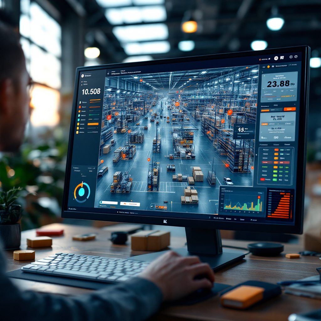 Moniteur de salle de contrôle montrant une carte thermique de l'entrepôt et des alertes Moniteur de salle de contrôle montrant une carte thermique de l'entrepôt et des alertes