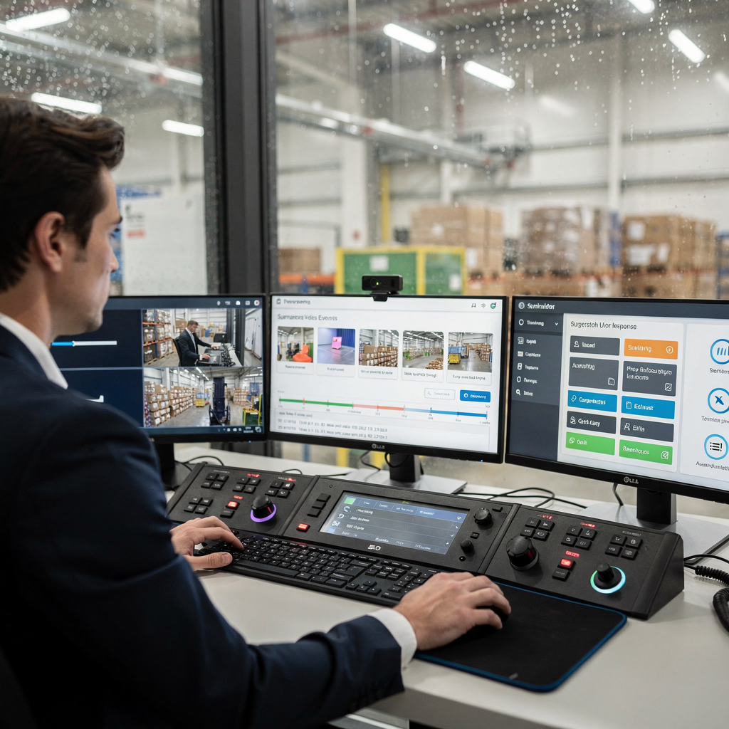 A modern control room with an operator using a console that displays summarized video event cards, timeline search results, and suggested response actions in a clean UI style (no text or numbers)
