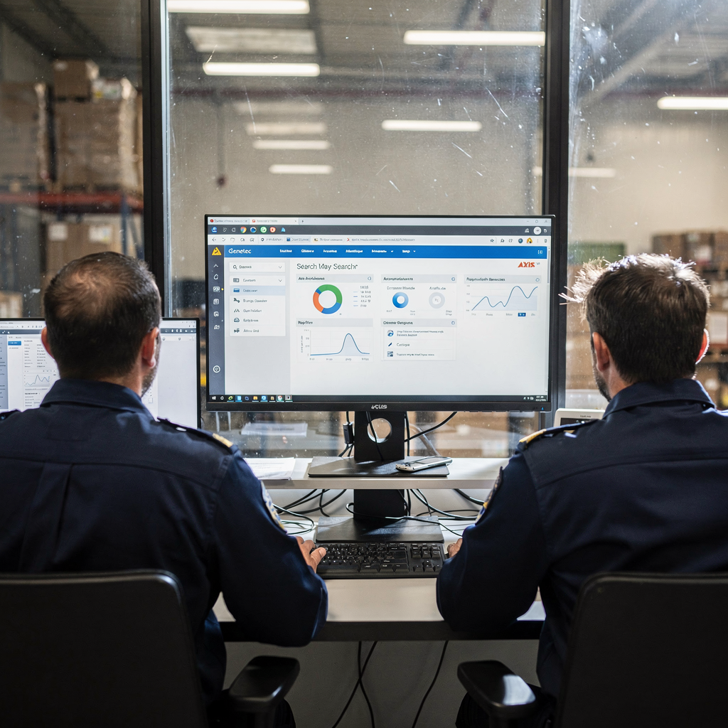 Two security operators at a desk using an integrated VMS and search interface with Genetec and Axis elements on screen, neutral control room setting
