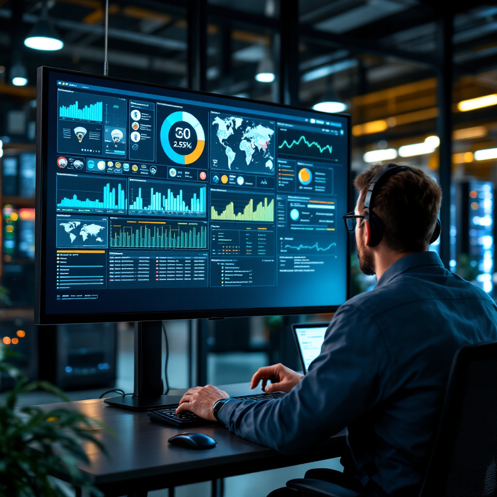 Control room screen showing multiple camera feeds, dashboard widgets with event streams and a technician reviewing alerts, clean modern interface and server hardware in background