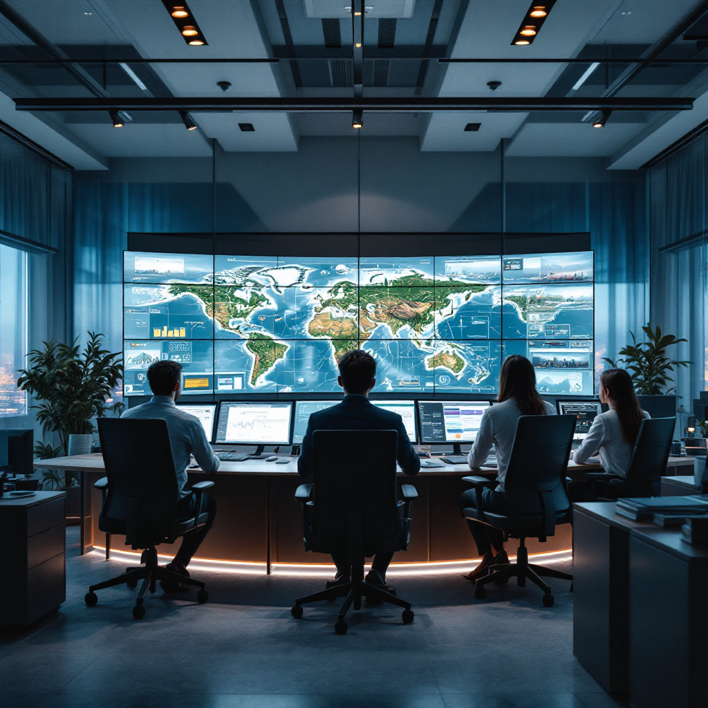 Salle de contrôle avec flux de caméras portuaires en direct et tableaux de bord pilotés par l'IA