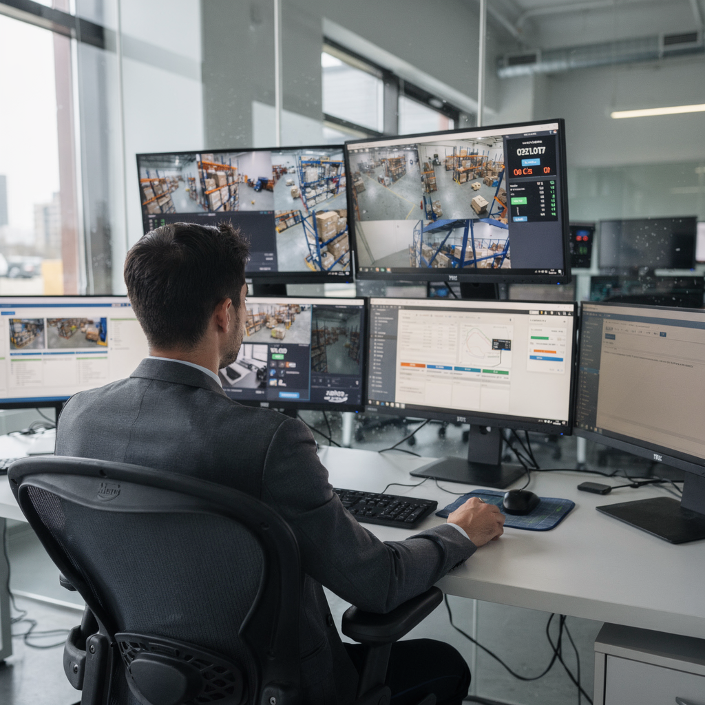 Control room operator desk with multiple monitors showing video feeds, system status indicators, and an operations dashboard in a modern, well-lit room (no text or numbers)