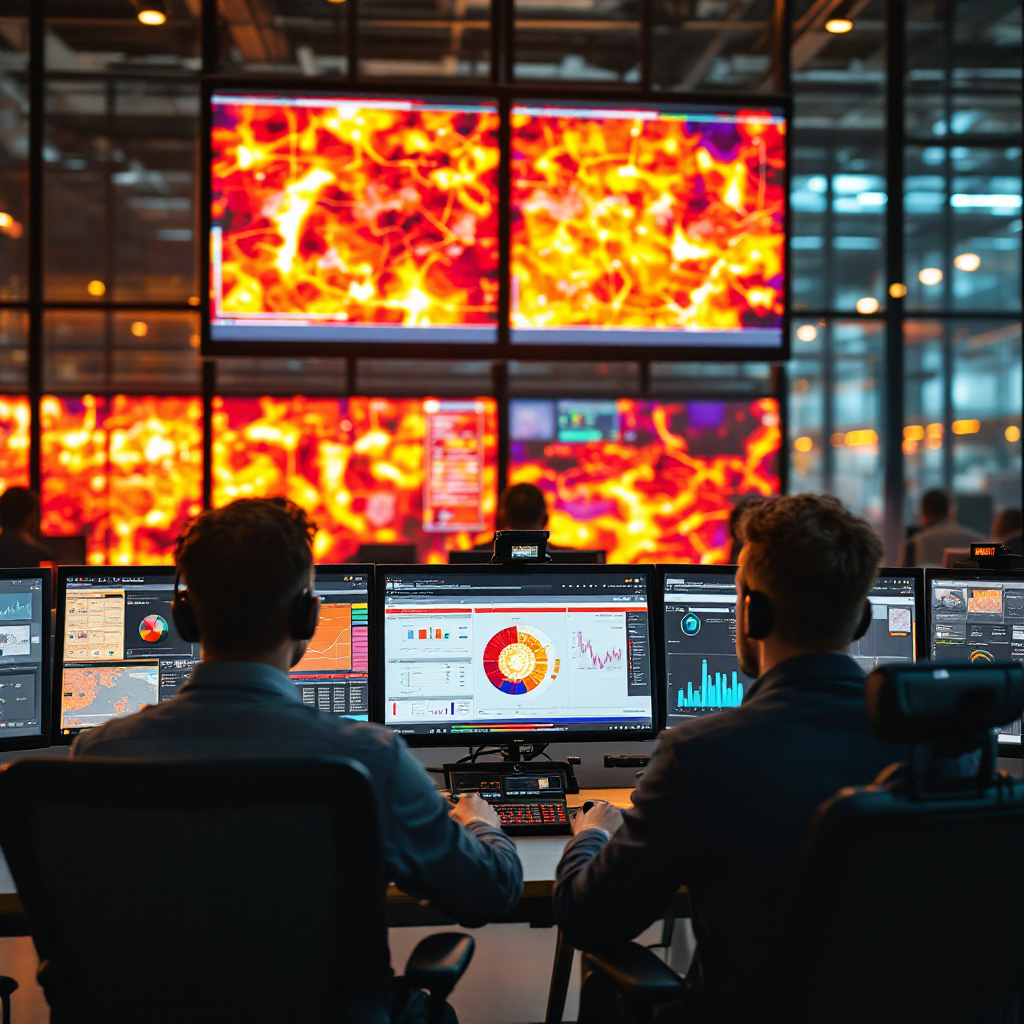 An industrial control room where operators review dashboards showing occupancy heatmaps and live camera feeds; screens show colored heat zones and graphs; no text or numbers