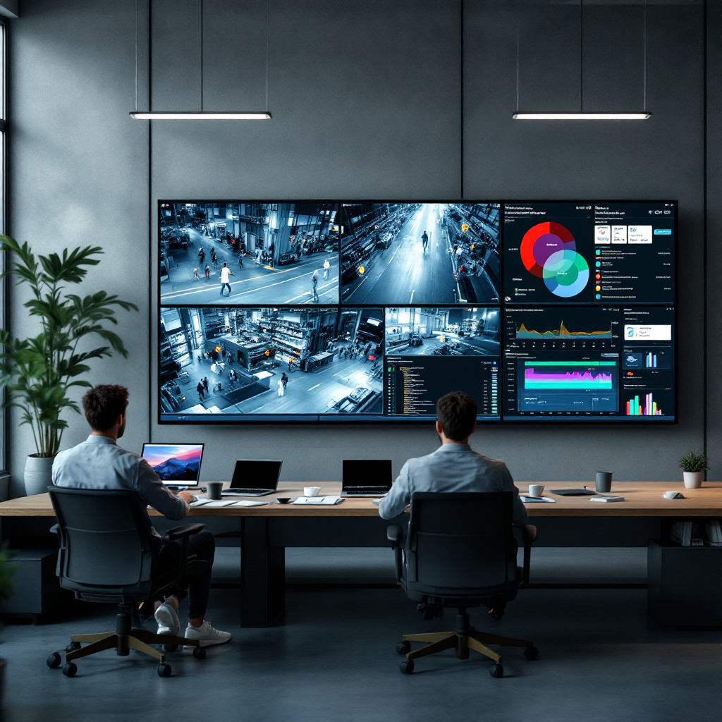 Leitstand mit Video-Analytik-Warnungen und Vorfall-Dashboard Leitstand mit Video-Analytik-Warnungen und Vorfall-Dashboard