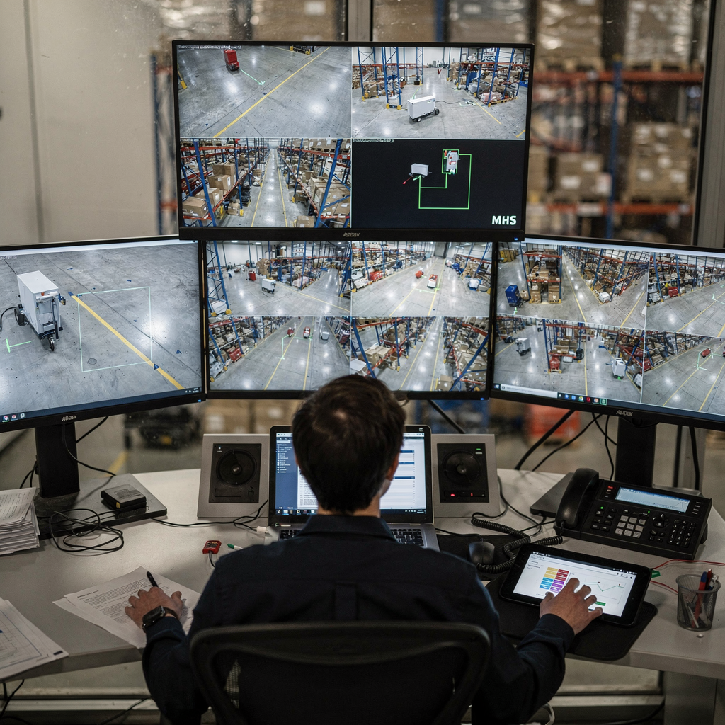 Sala de controlo com sobreposições de análise de vídeo e operador a rever recomendações Sala de controlo com sobreposições de análise de vídeo e operador a rever recomendações